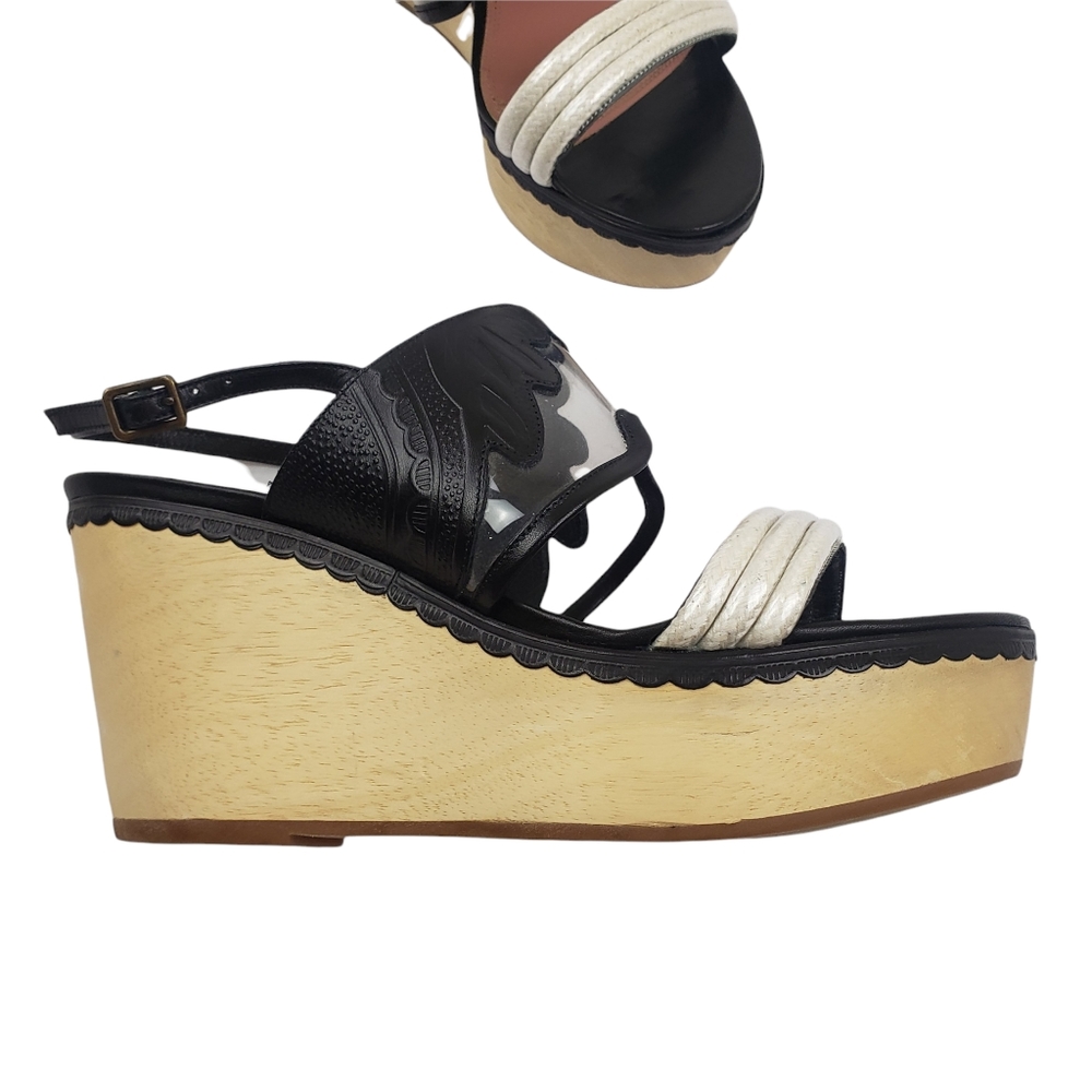 Derek Lam, Black Leather Wedge, Ankle Strap Sandals, Woman's Size…